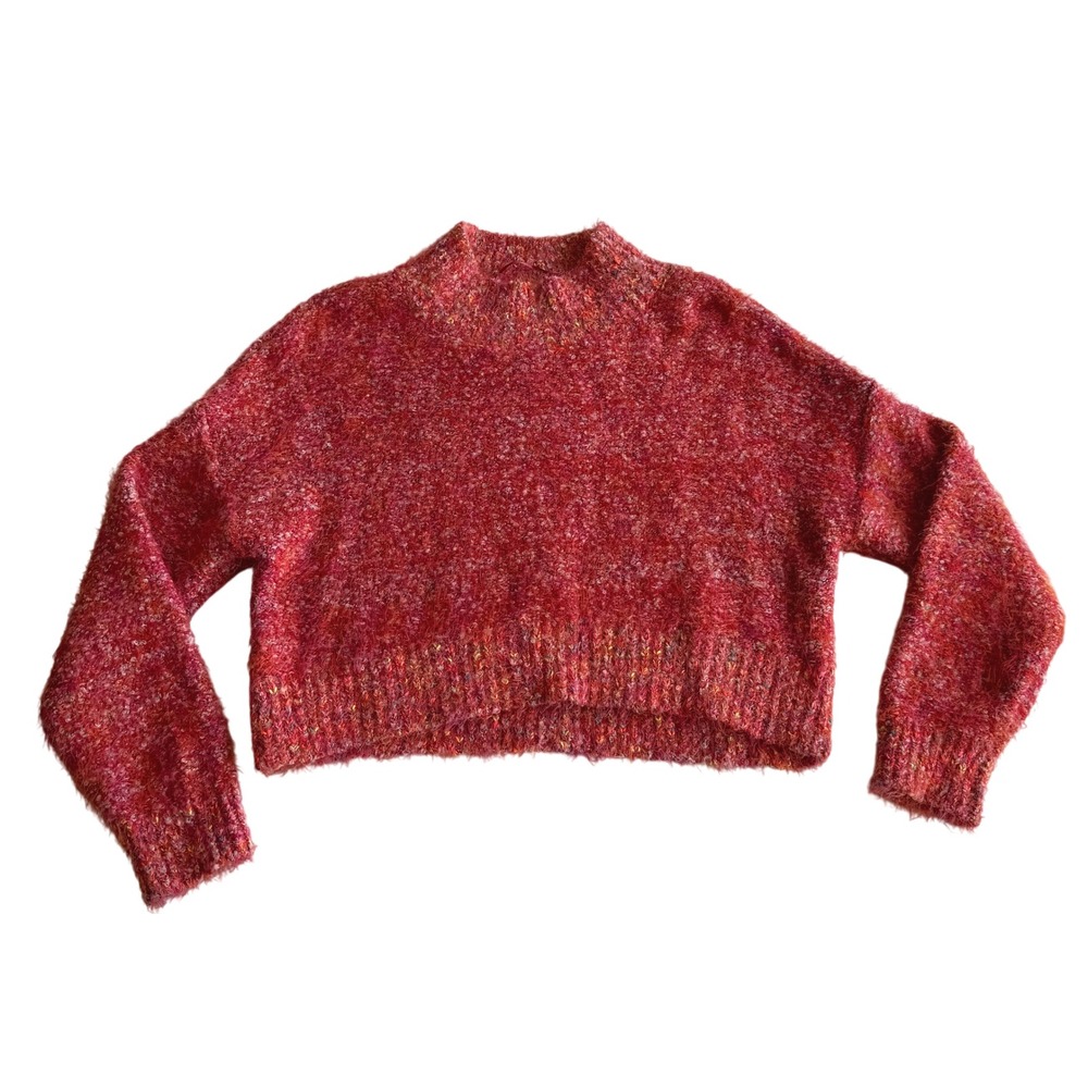 Free People‎ Stardust Red Confetti Multi Cropped Mock Neck Soft Sweater S